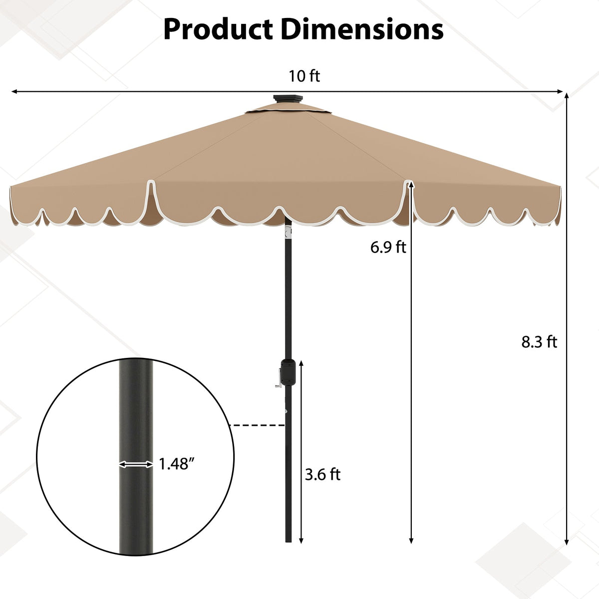 10 Feet Solar Patio Umbrella with 24 LED Lights