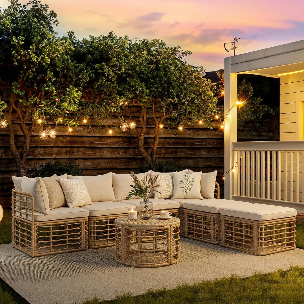 Beige Rattan Patio Sectional Set