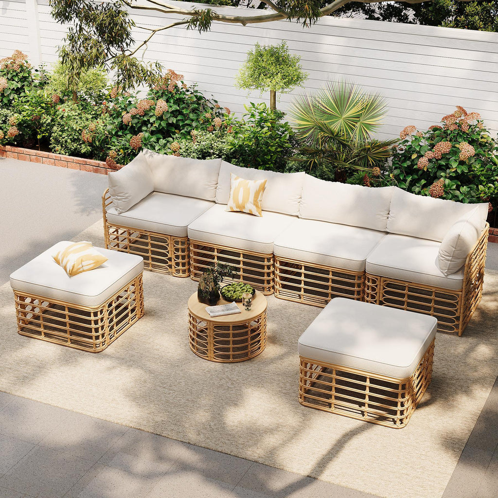 Beige Rattan Patio Sectional Set