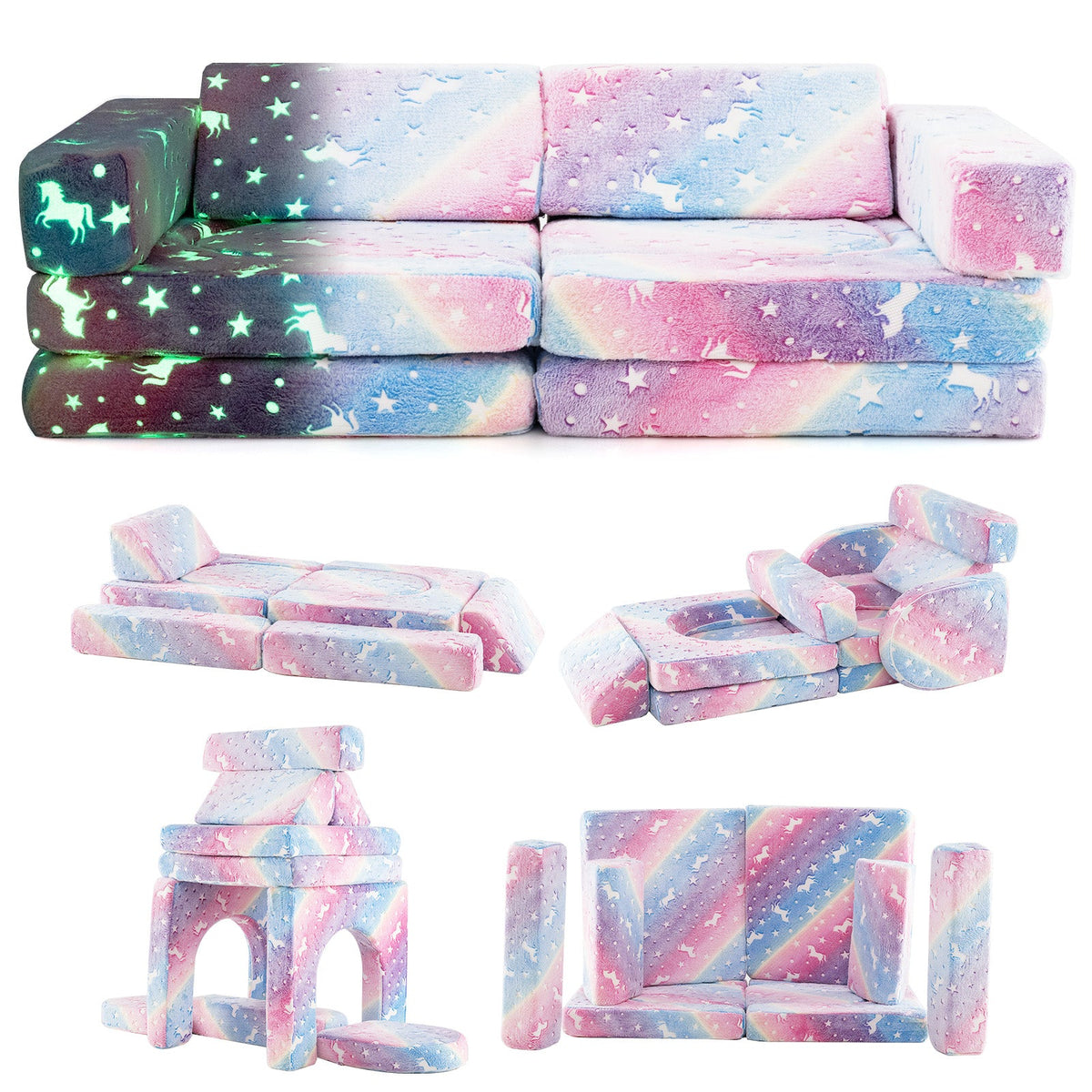 10 Pieces Modular Kids Play Couch Sectional Sofa Glow in the Dark-Multicolor