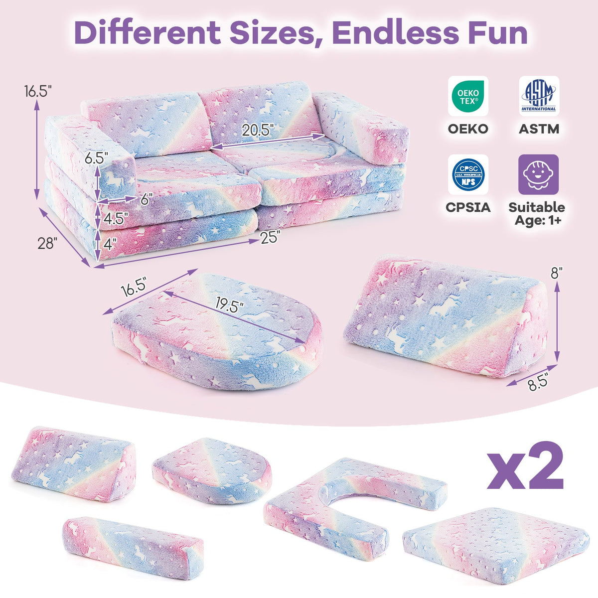10 Pieces Modular Kids Play Couch Sectional Sofa Glow in the Dark-Multicolor