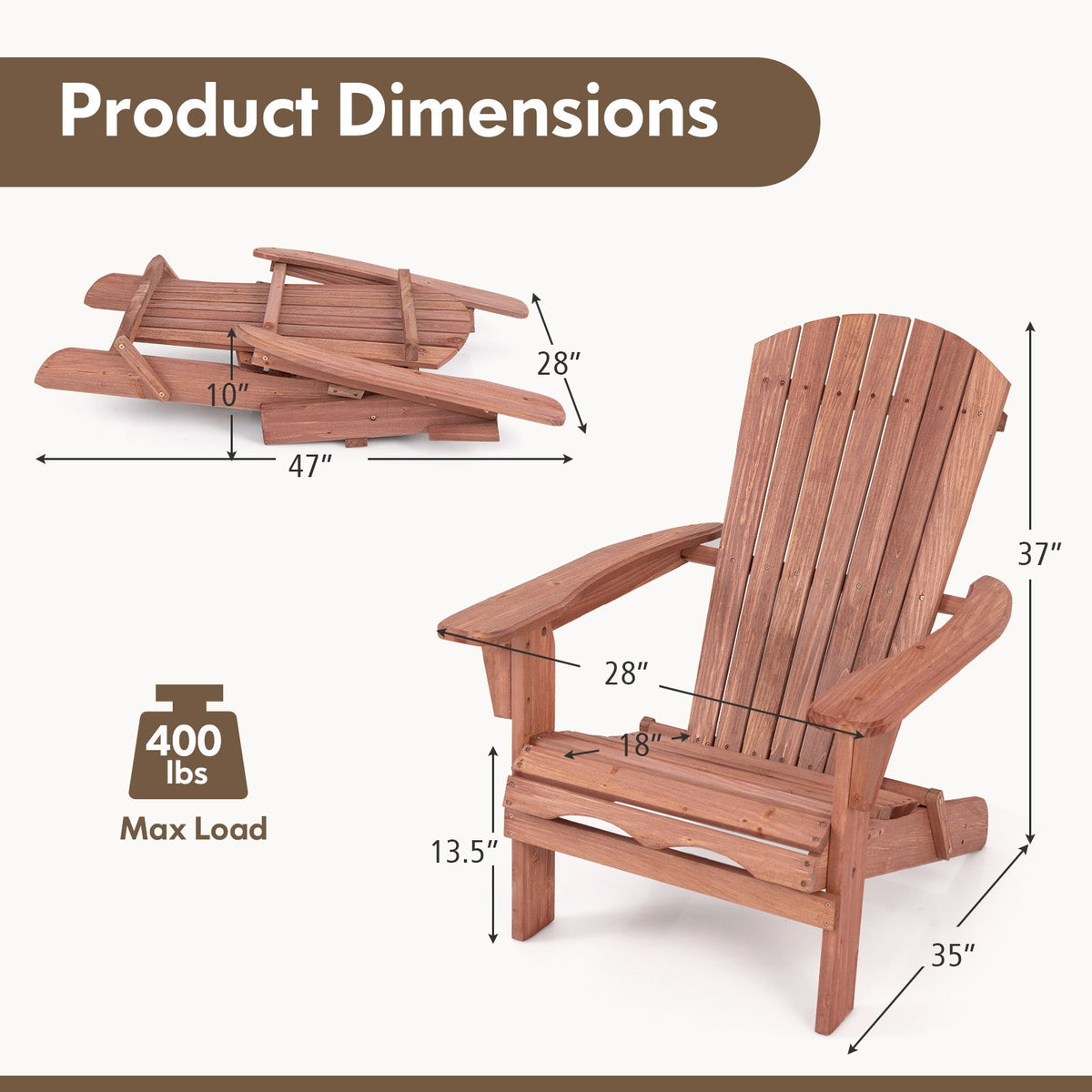1 Piece Folding Adirondack Chair with High Backrest and Wide Armrests